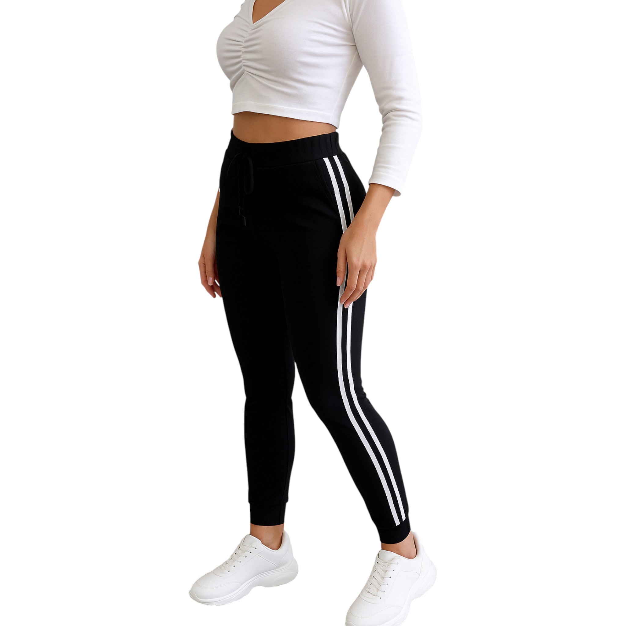 Women’s black joggers with white double side stripes and cuffed ankles, slim fit high waisted design.